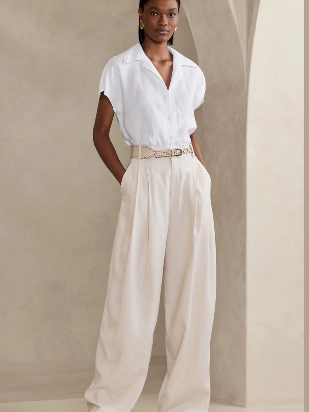 Banana Republic Women's White Linen Button-Front Blouse Medium Tall
